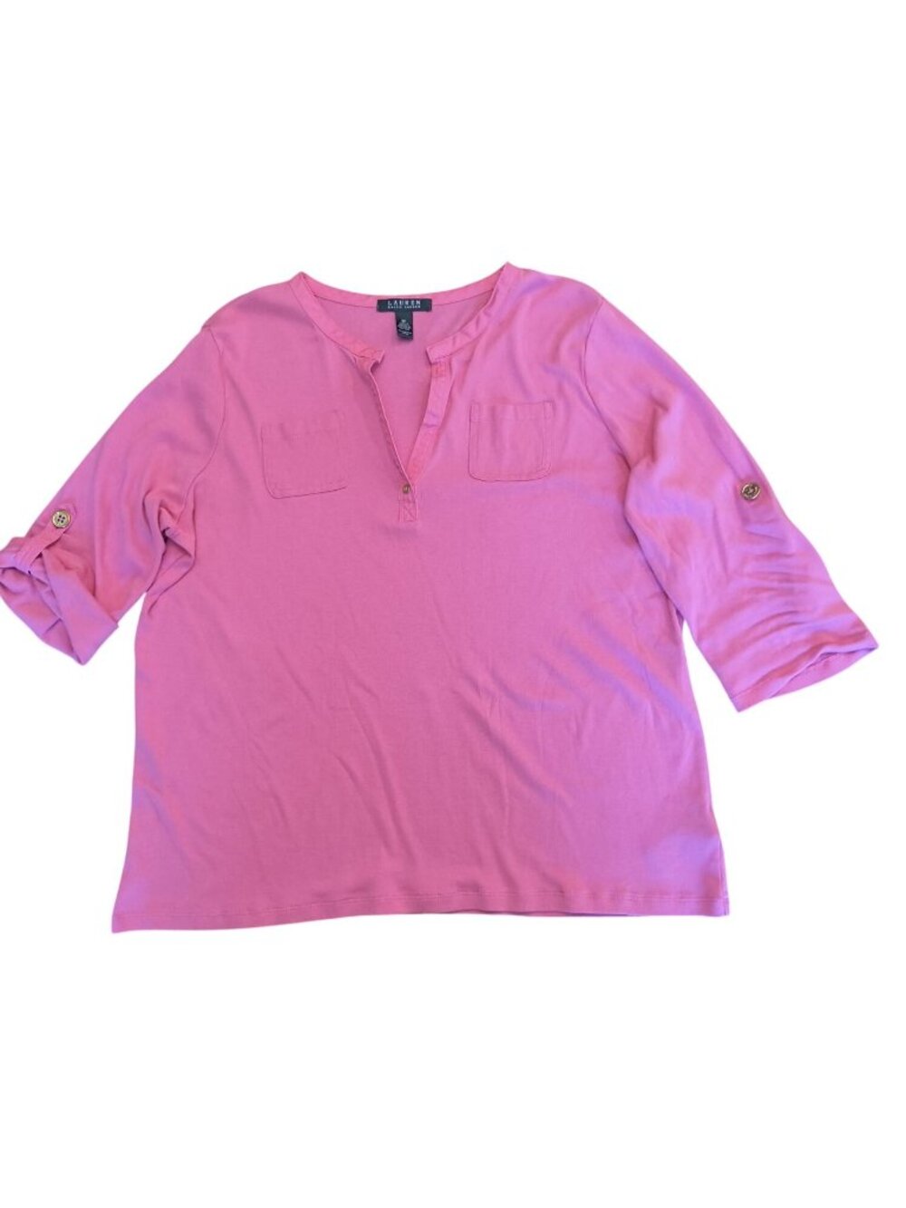 Lauren Ralph Lauren Pink 3/4 Sleeve Cotton Henley Top With Button Tab Sleeves 2X